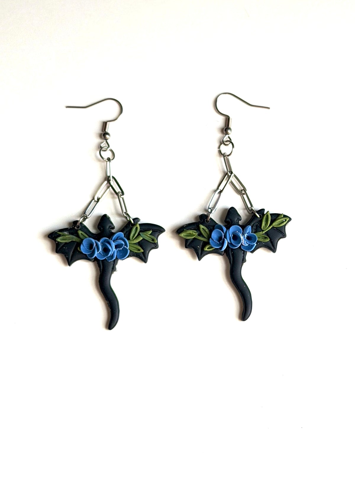 Black Dragon & Blue Rose Polymer Clay Earrings