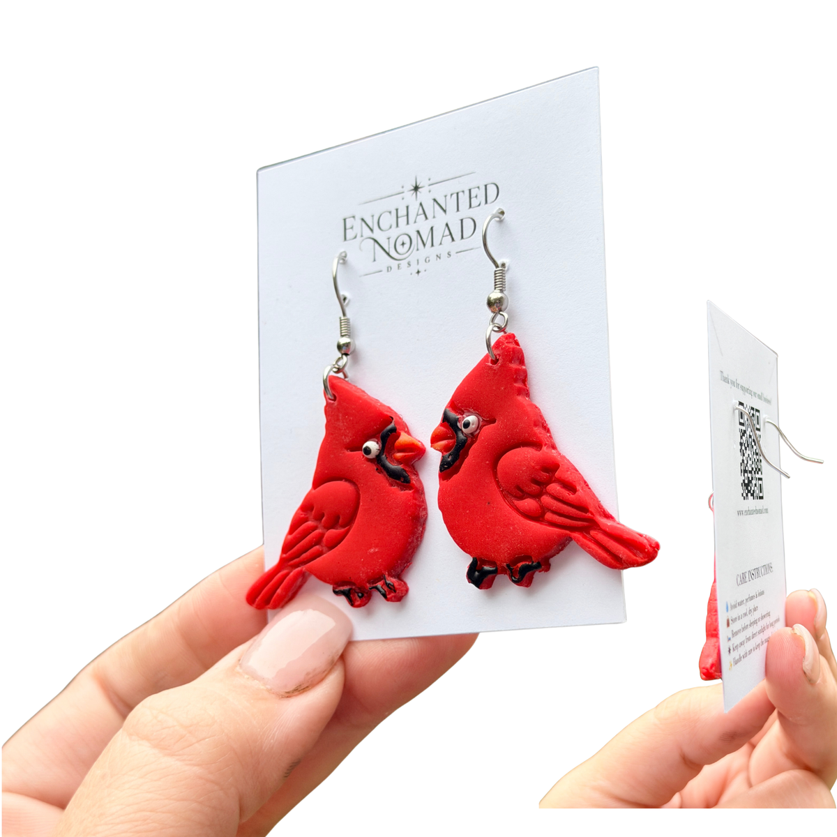 Red Cardinal Polymer Clay Dangle Earrings: Hand Painted Bird Jewelry