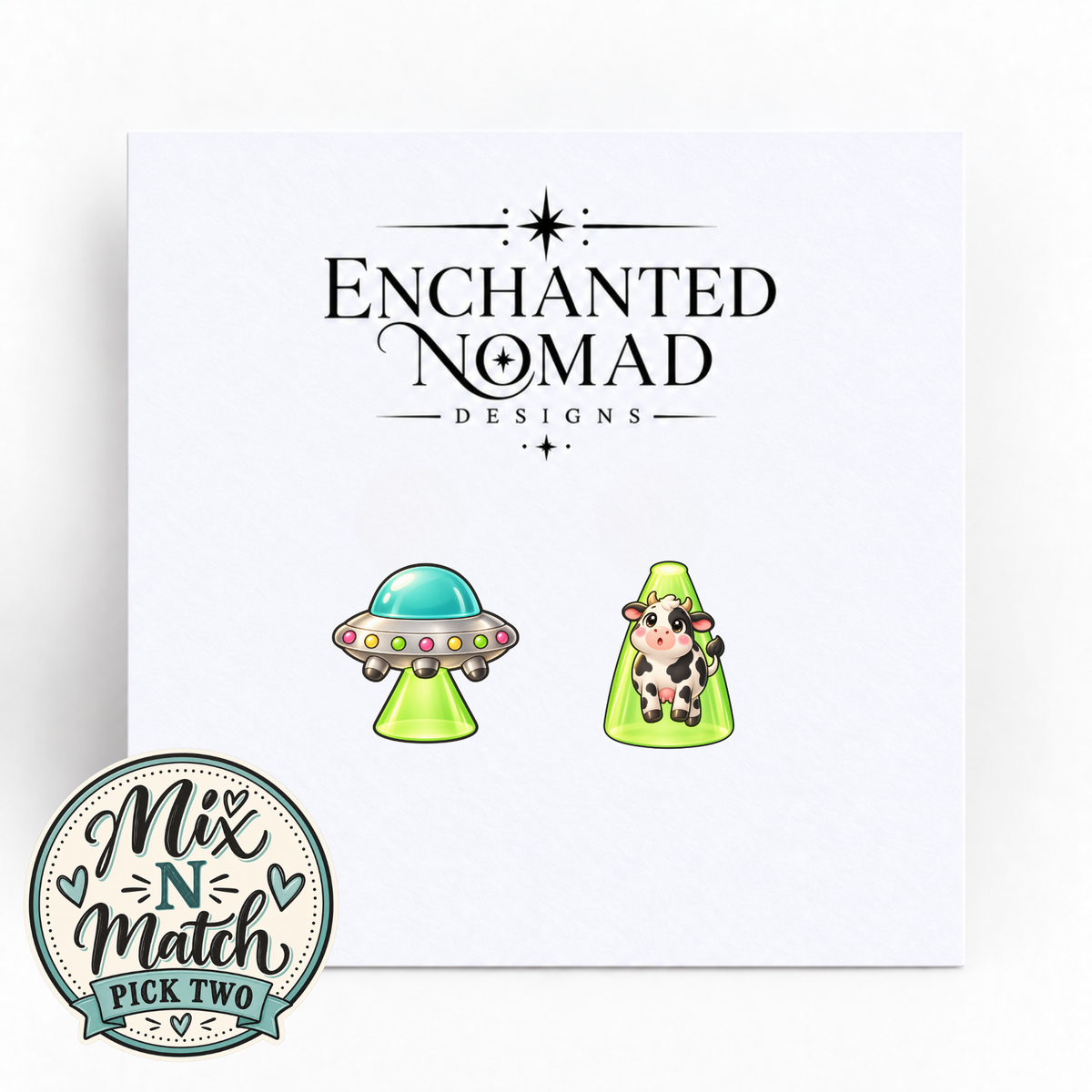 UFO and Cow Abduction graphic earrings