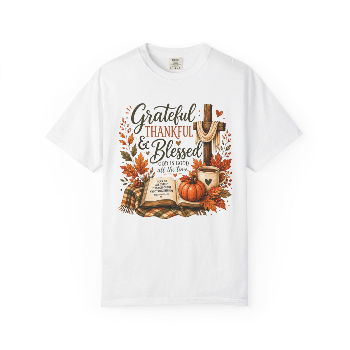 Grateful Thankful Blessed T-Shirt — Fall Pumpkin & Cross Thanksgiving Tee