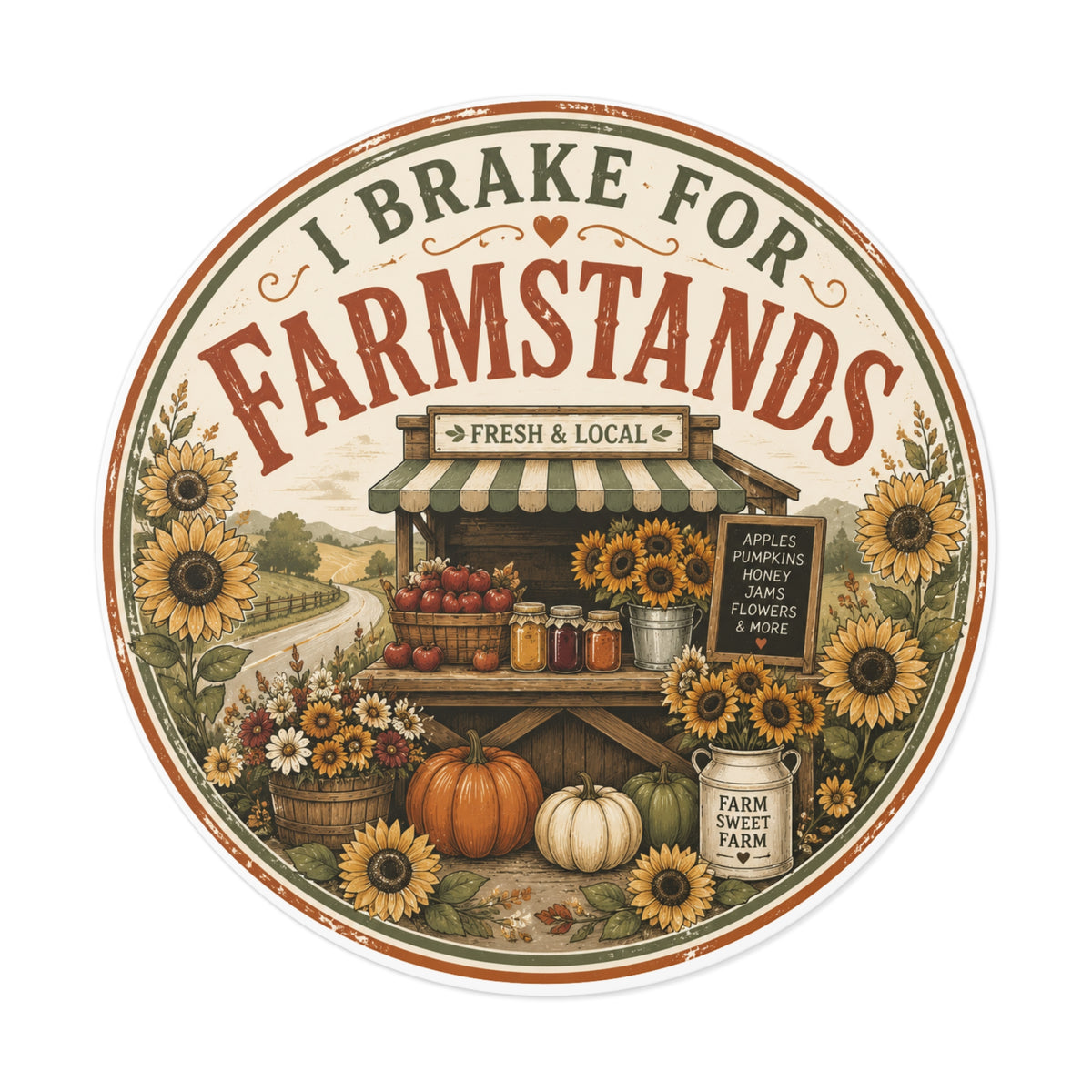 I Brake for Farmstands Round Vinyl Sticker