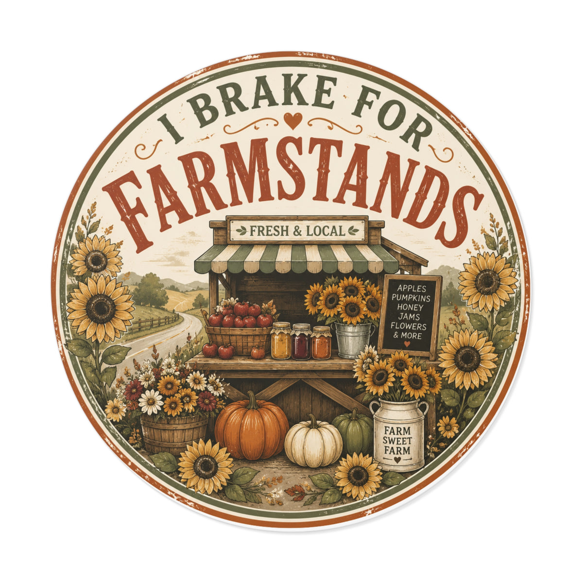 I Brake for Farmstands Round Vinyl Sticker