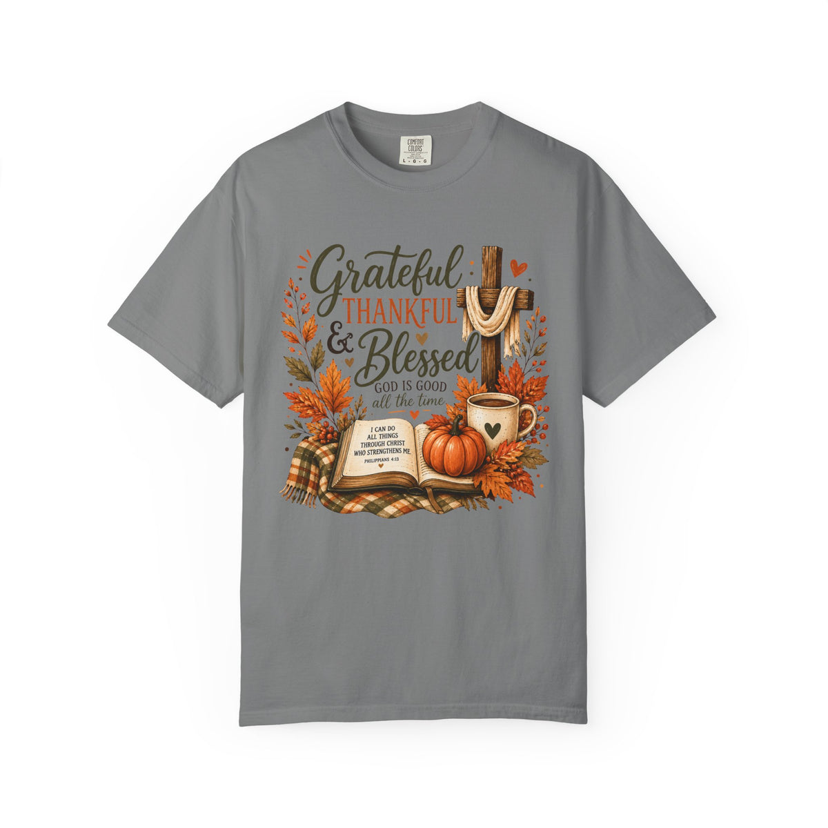 Grateful Thankful Blessed T-Shirt — Fall Pumpkin & Cross Thanksgiving Tee