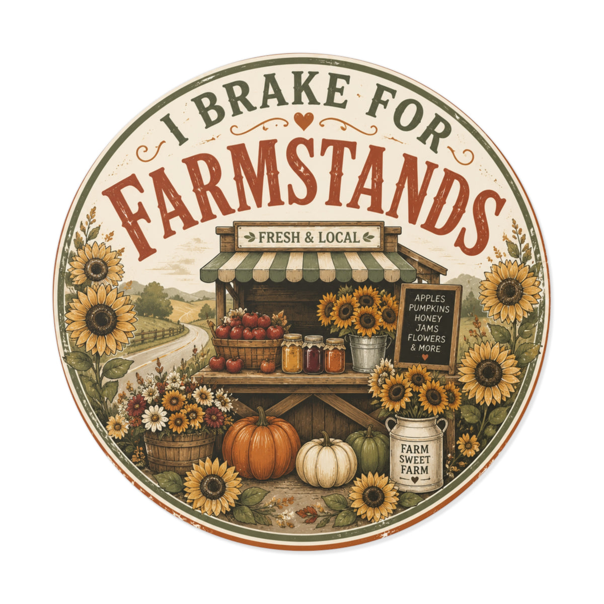 I Brake for Farmstands Round Vinyl Sticker
