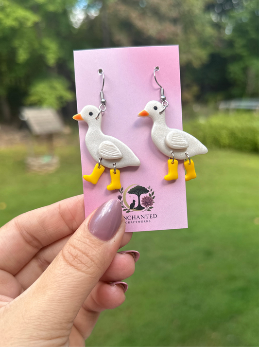 Handmade Duck in Yellow Boots Polymer Clay Earrings