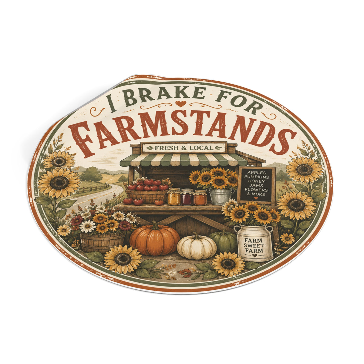I Brake for Farmstands Round Vinyl Sticker