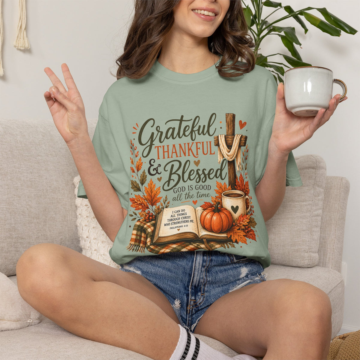 Grateful Thankful Blessed T-Shirt — Fall Pumpkin & Cross Thanksgiving Tee