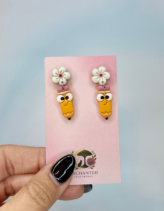 Pencil & Flower Dangle Earrings