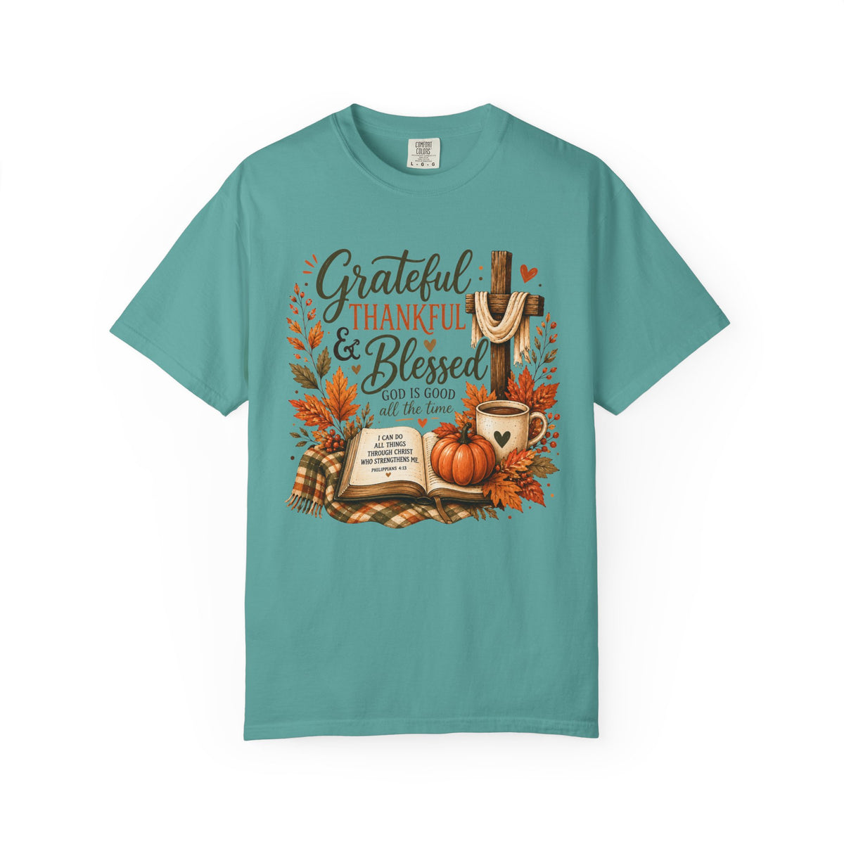 Grateful Thankful Blessed T-Shirt — Fall Pumpkin & Cross Thanksgiving Tee