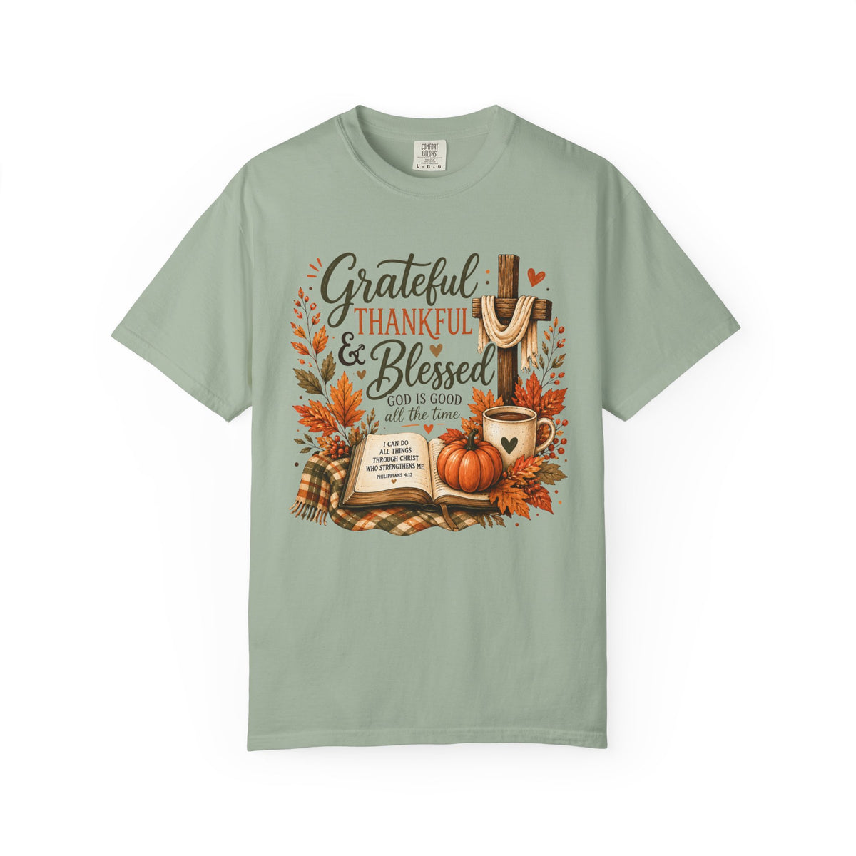 Grateful Thankful Blessed T-Shirt — Fall Pumpkin & Cross Thanksgiving Tee
