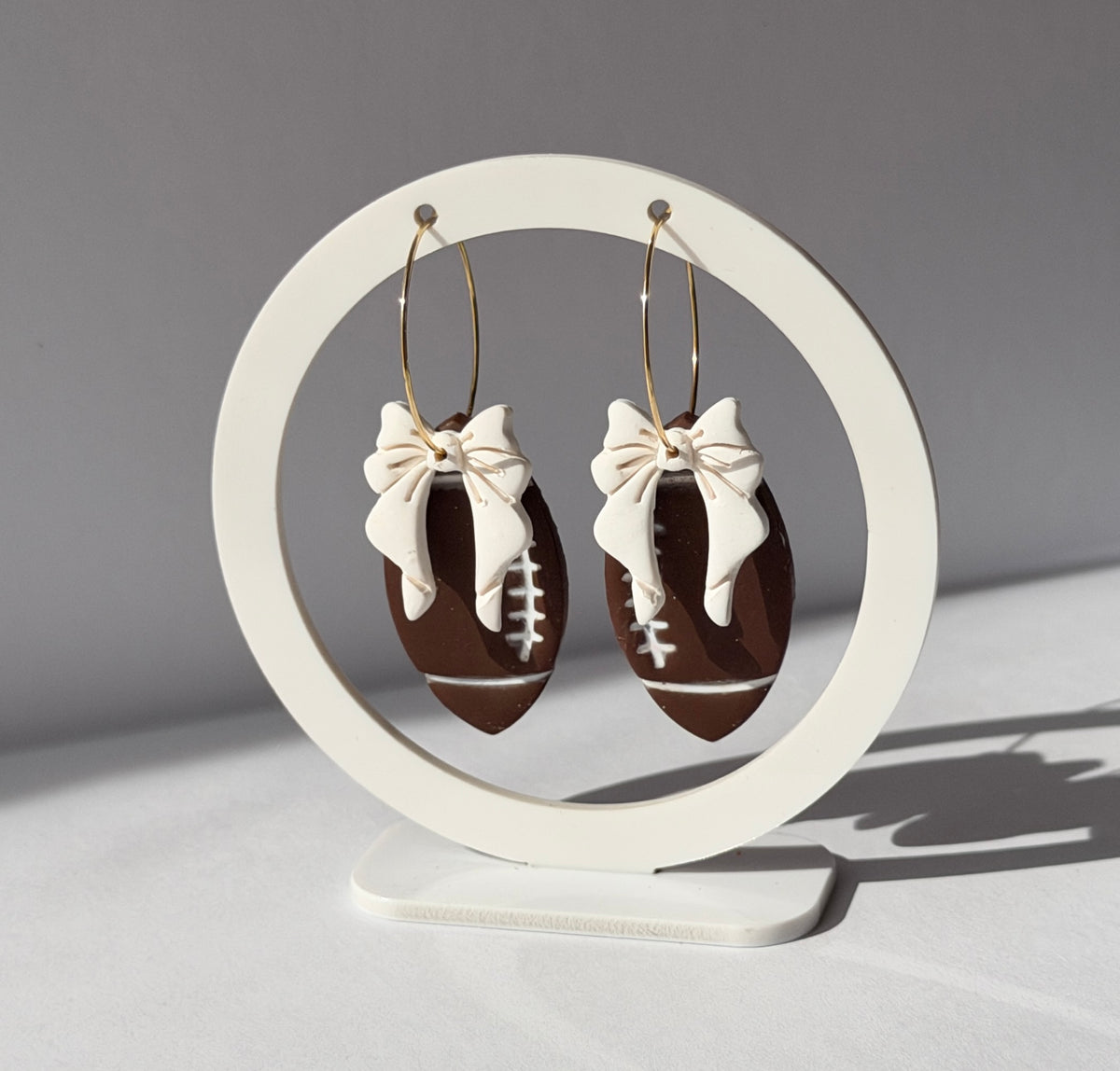 Football Bow Polymer Clay Hoop Earrings