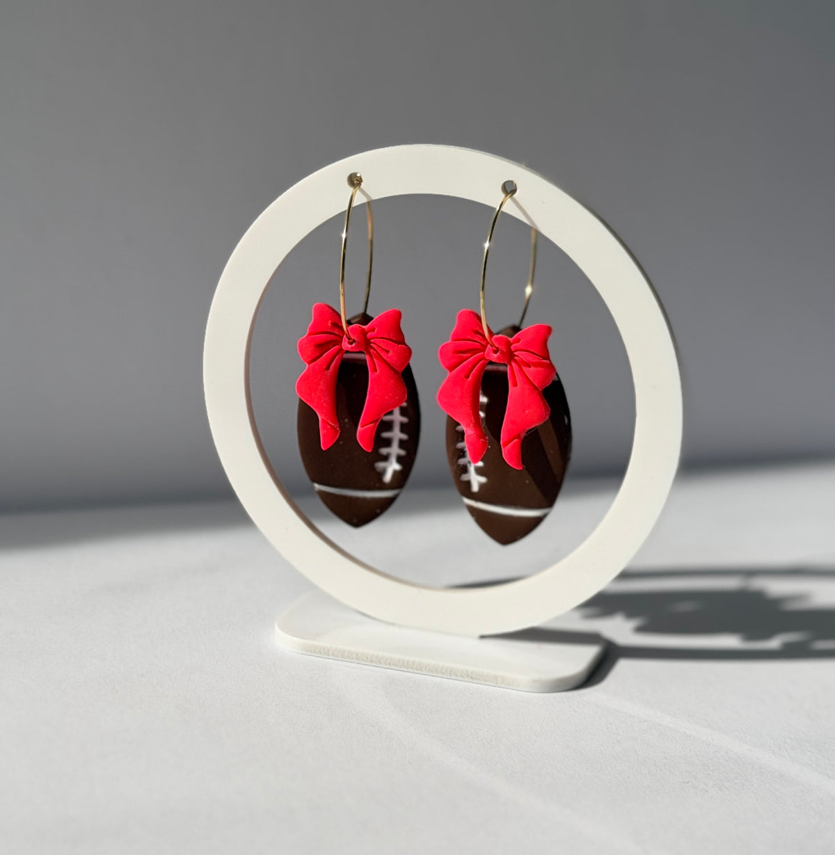Football Bow Polymer Clay Hoop Earrings