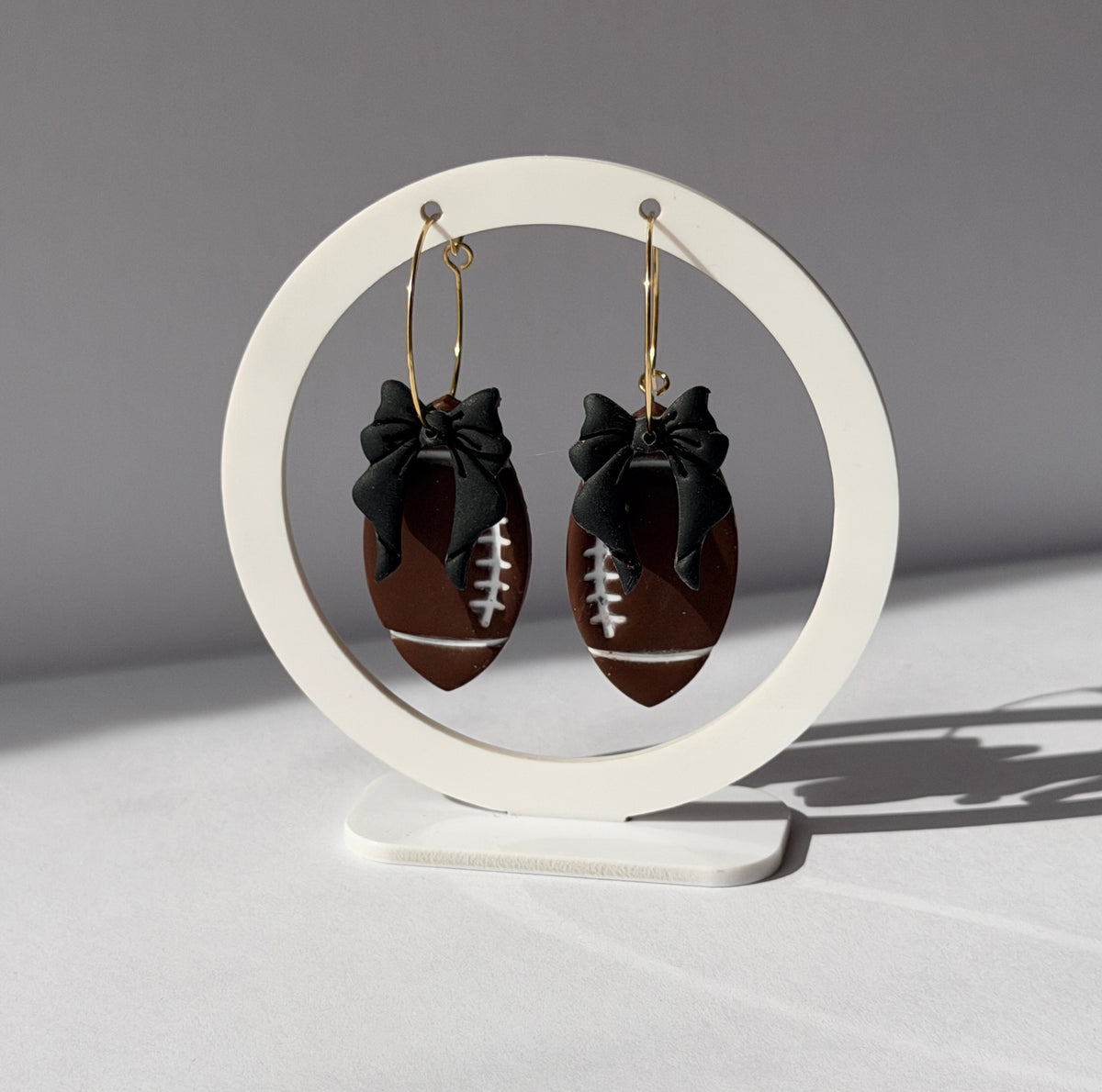 Football Bow Polymer Clay Hoop Earrings