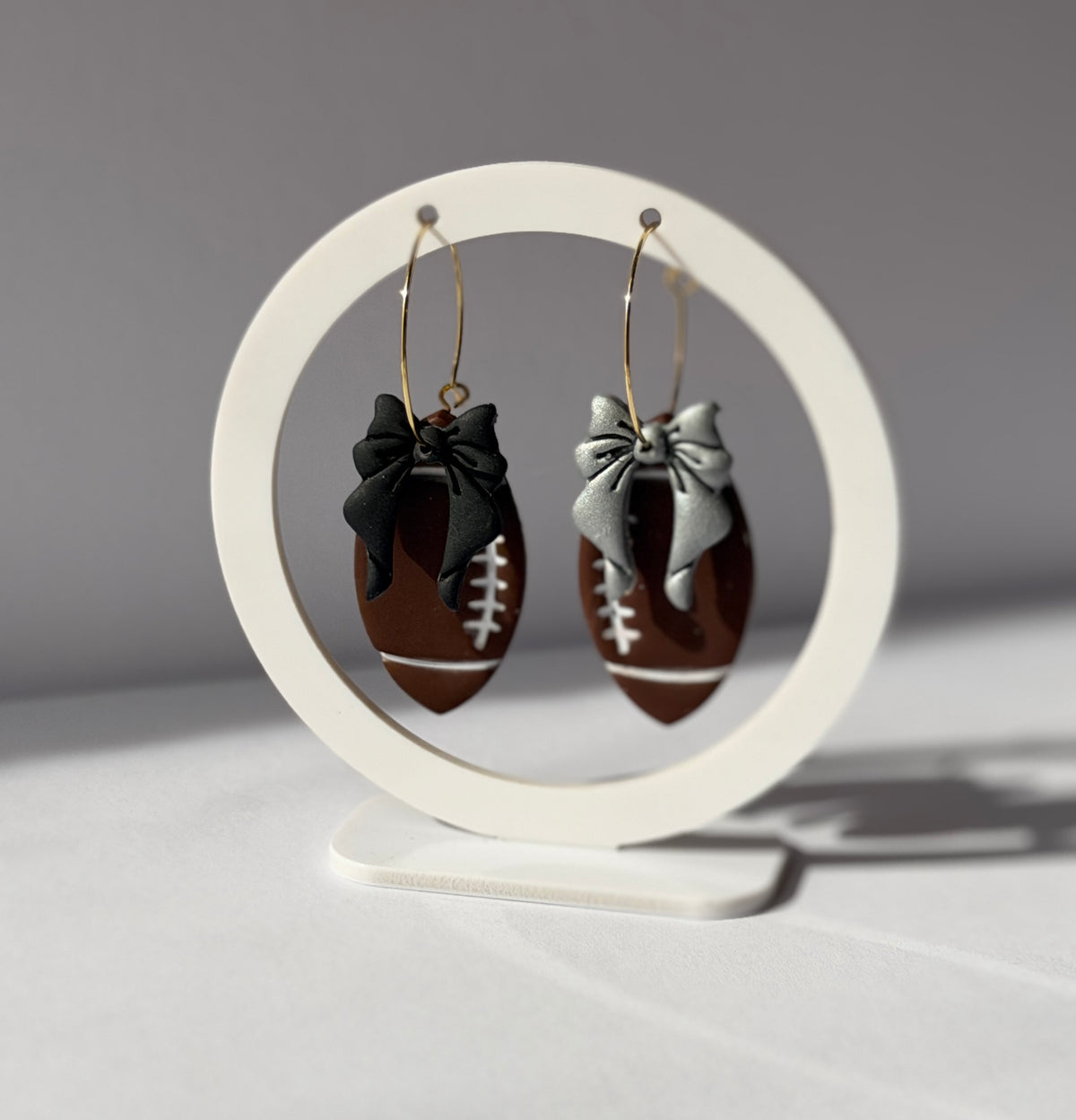 Football Bow Polymer Clay Hoop Earrings