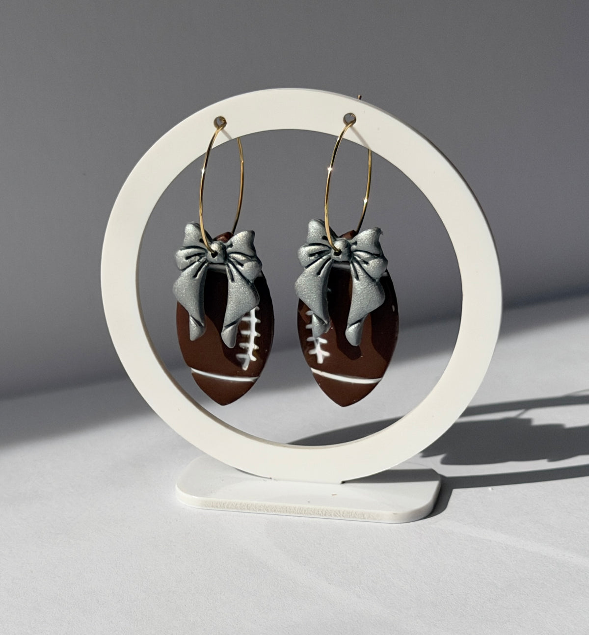 Football Bow Polymer Clay Hoop Earrings