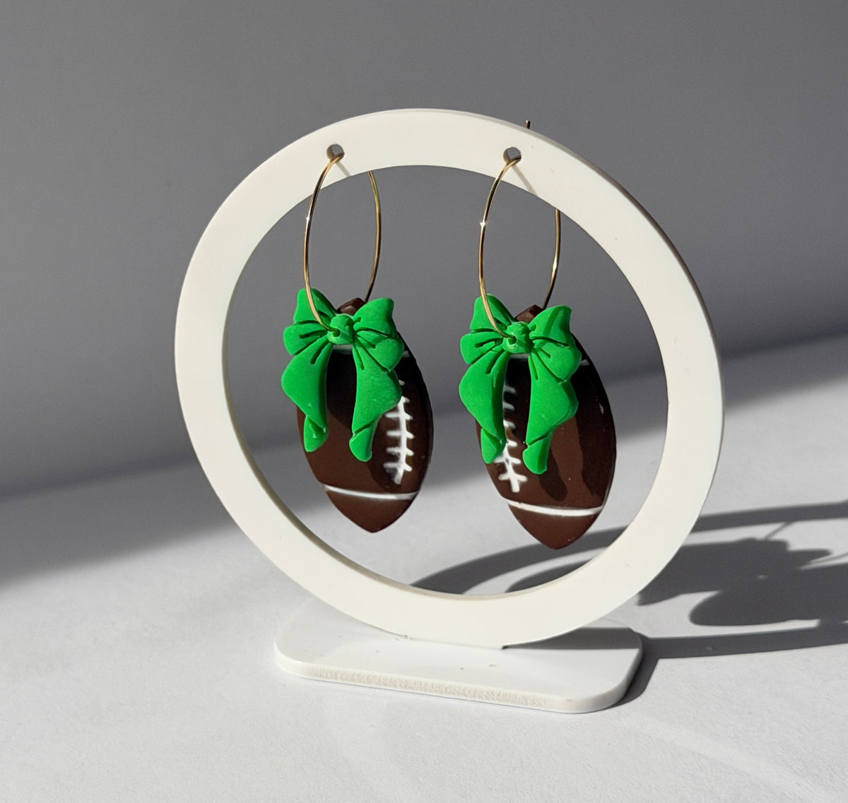 Football Bow Polymer Clay Hoop Earrings