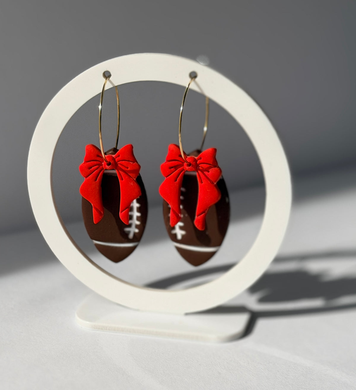 Football Bow Polymer Clay Hoop Earrings