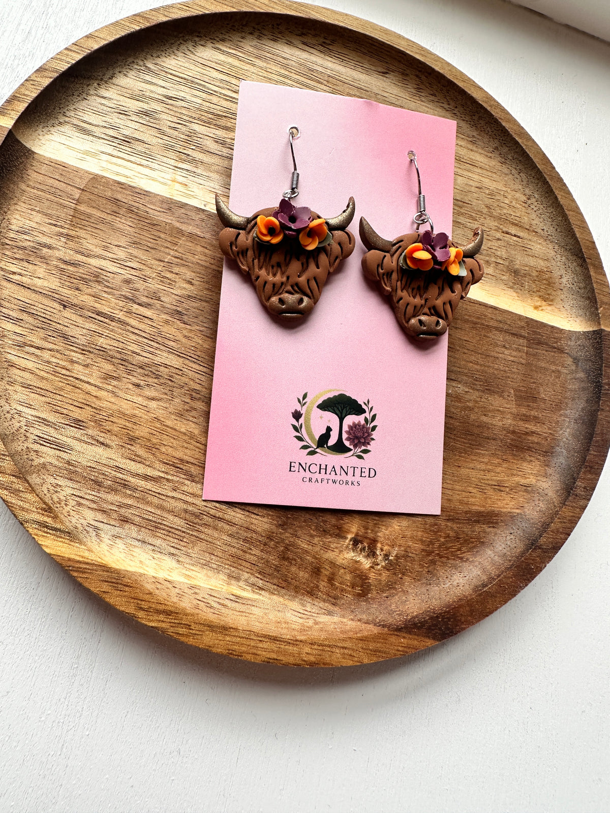 Floral Highland Cow Dangle Polymer Clay Earrings