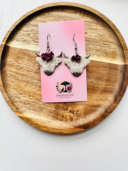 Floral Highland Cow Dangle Polymer Clay Earrings