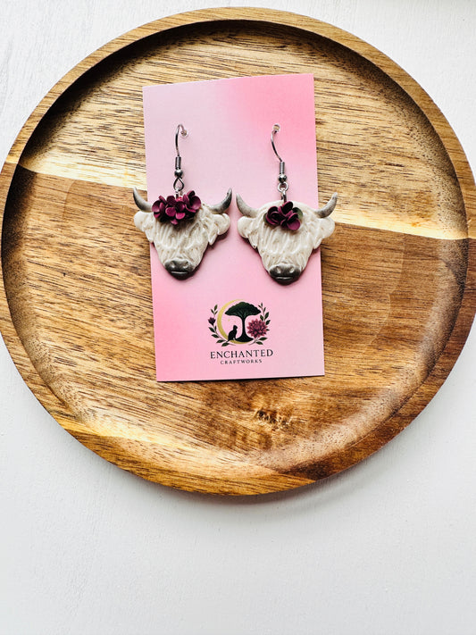 Floral Highland Cow Dangle Polymer Clay Earrings