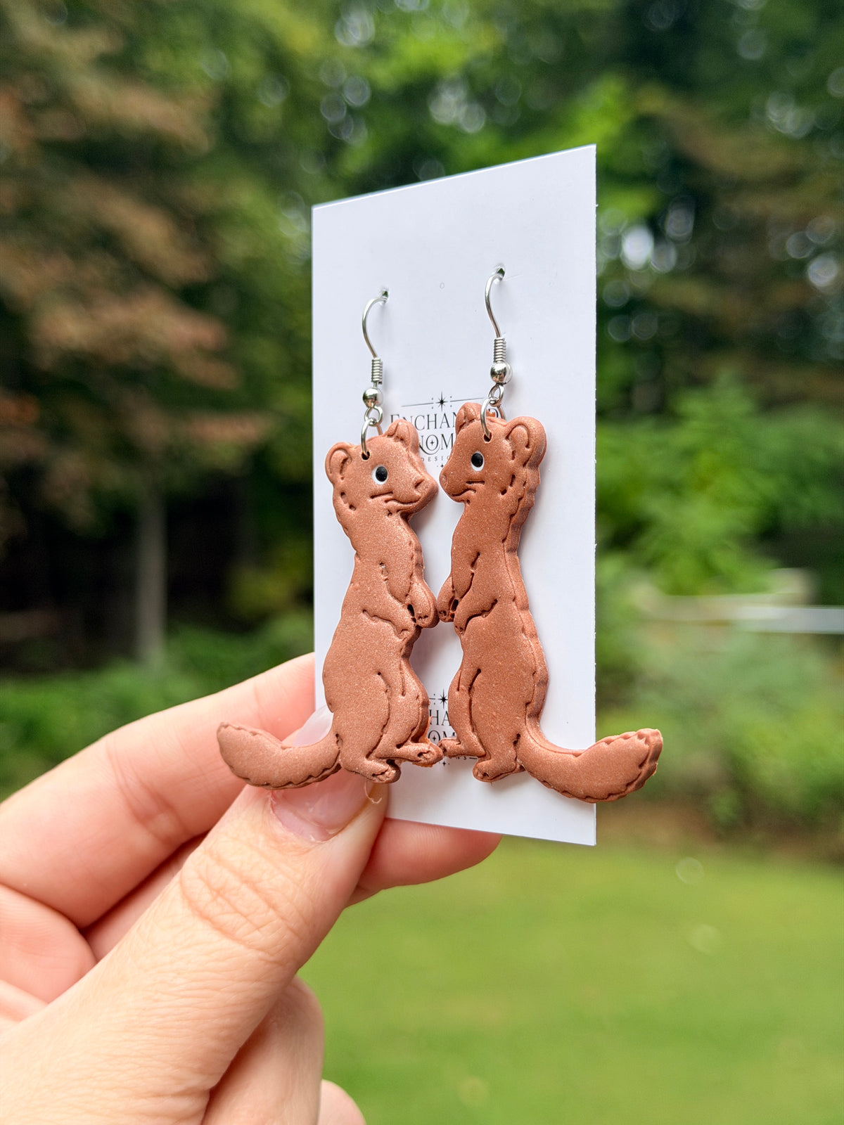 Weasel Earrings, Hand Painted Polymer Clay Animal Dangle Earrings