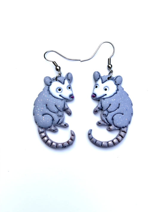 Hand Painted Opossum Earrings, Polymer Clay Dangle Earrings, Cute Possum Jewelry