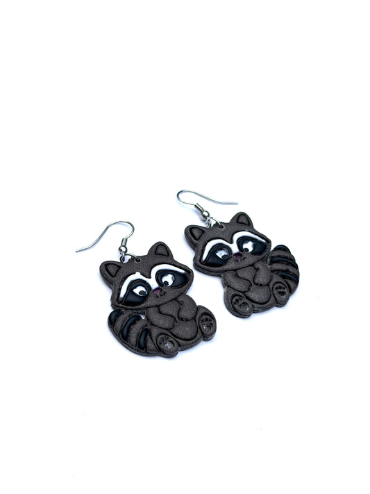 Raccoon Earrings, Hand Painted Polymer Clay Dangle Earrings, Cute Woodland Jewelry