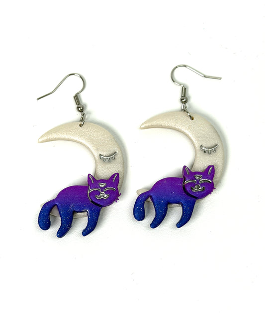 Sleeping Cat on Moon Clay Dangle Earrings