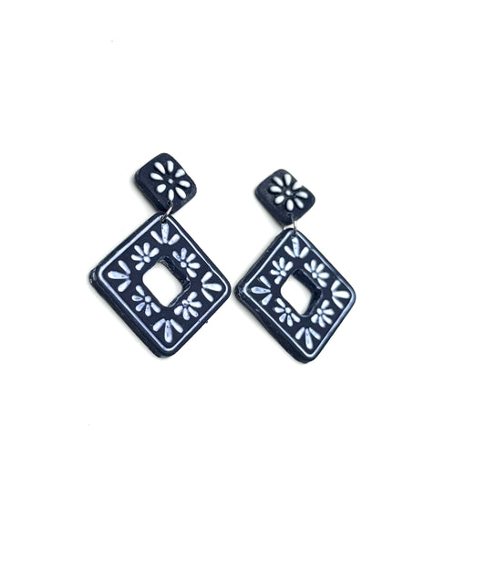 Black Floral Geometric Clay Dangle Earrings