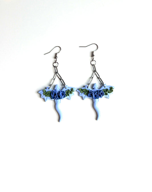 Blue Floral Dragon Clay Dangle Earrings