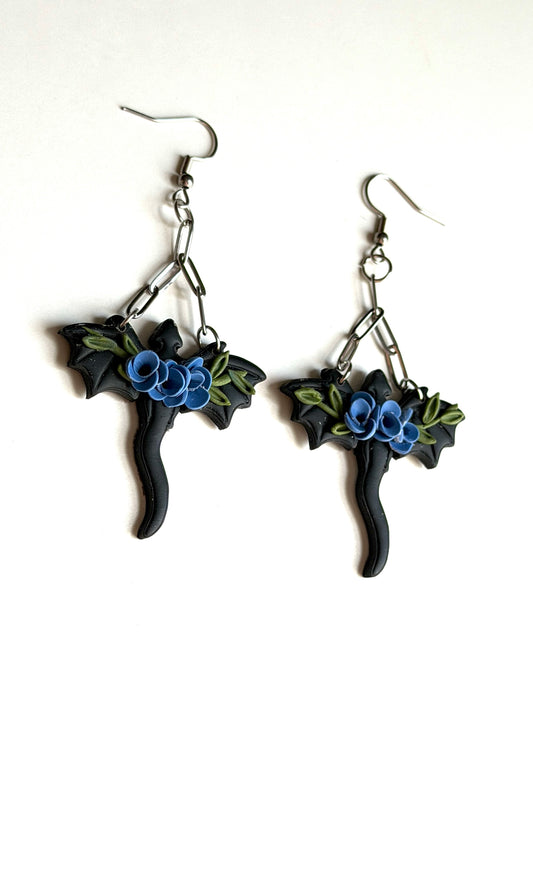 Black Dragon & Blue Rose Polymer Clay Earrings