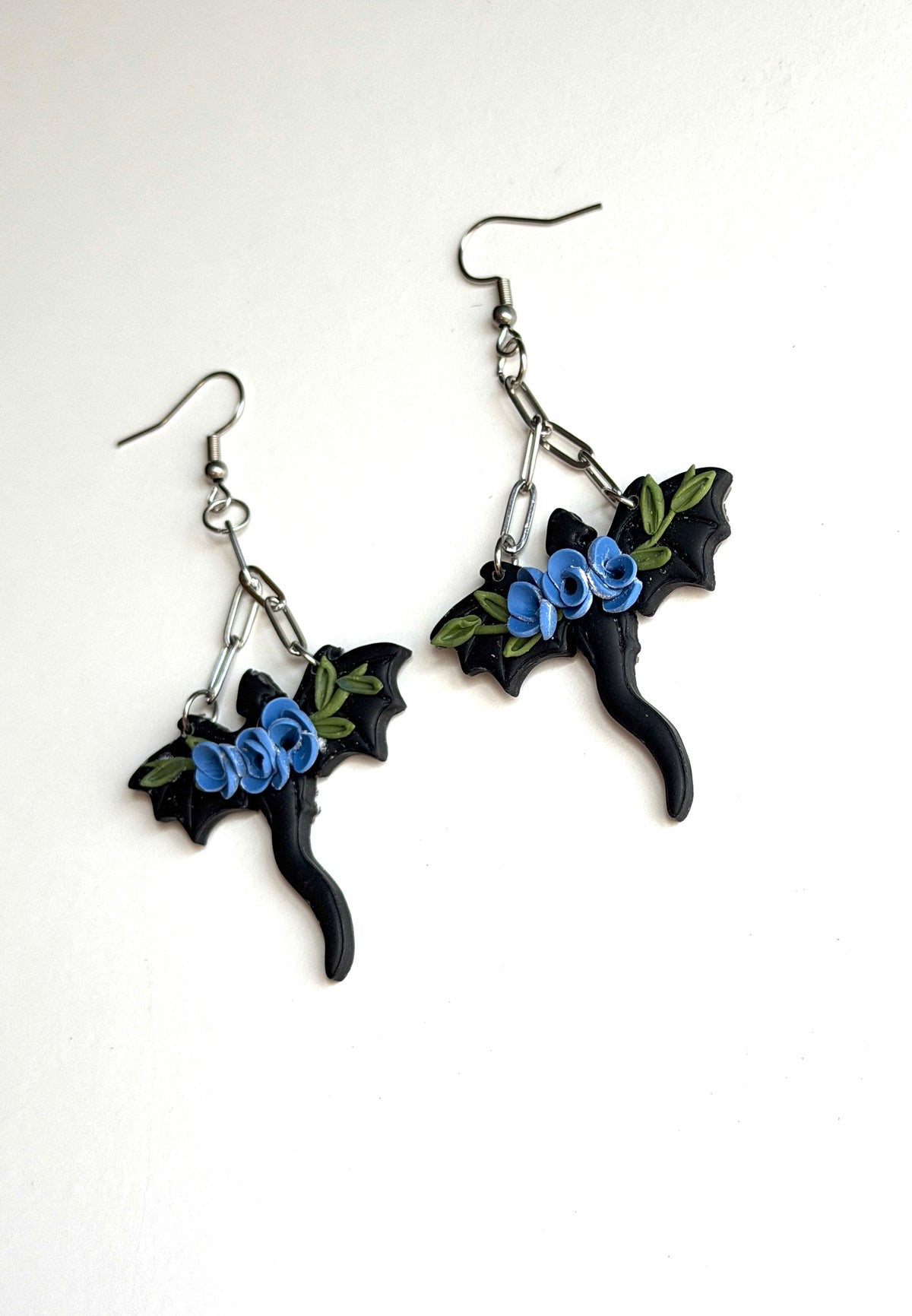 Black Dragon & Blue Rose Polymer Clay Earrings