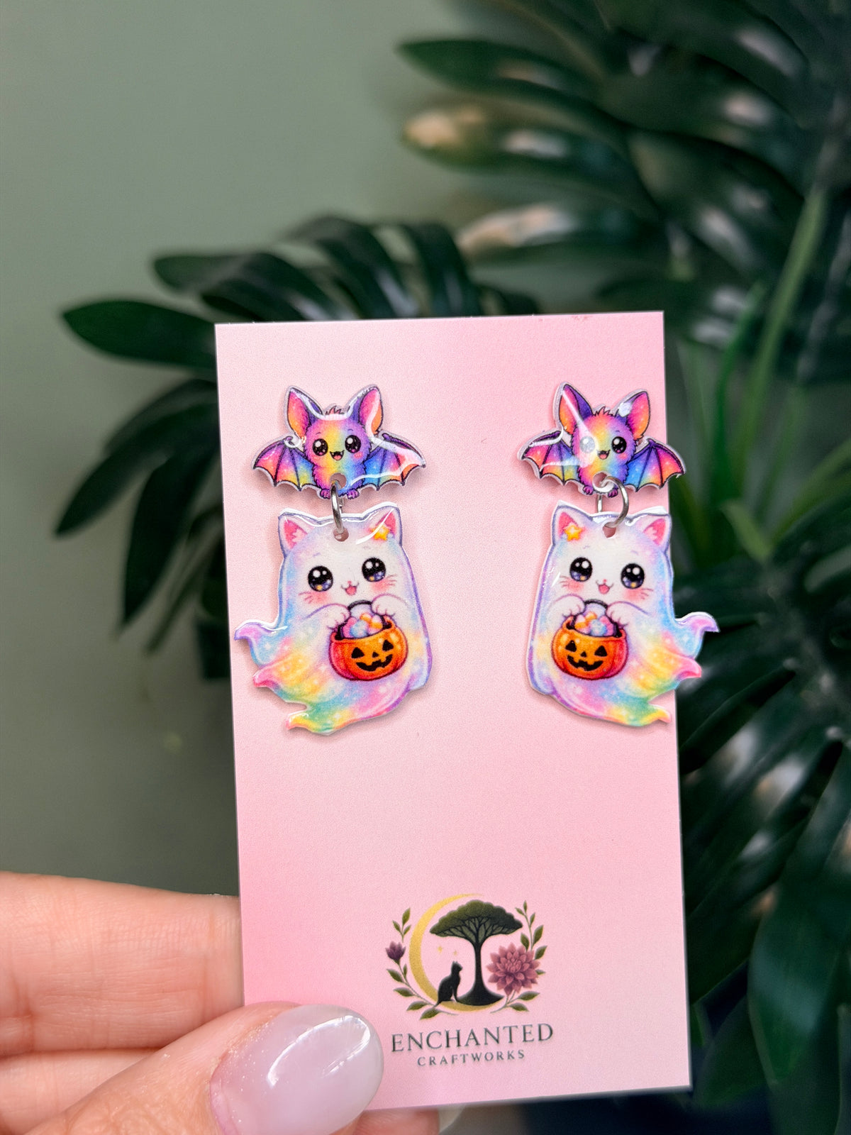 Pastel Rainbow Ghost Cat Dangle Earrings