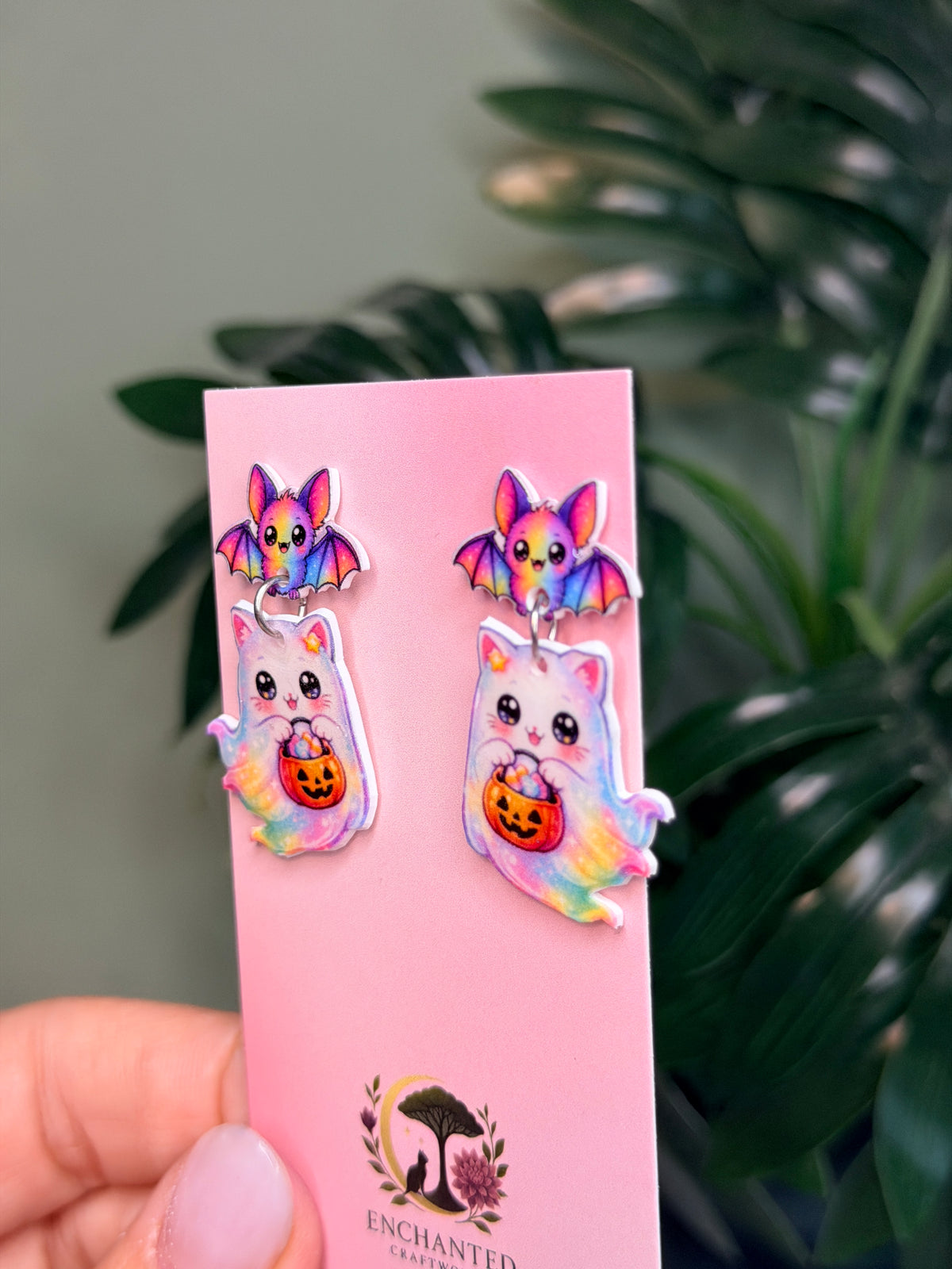 Pastel Rainbow Ghost Cat Dangle Earrings