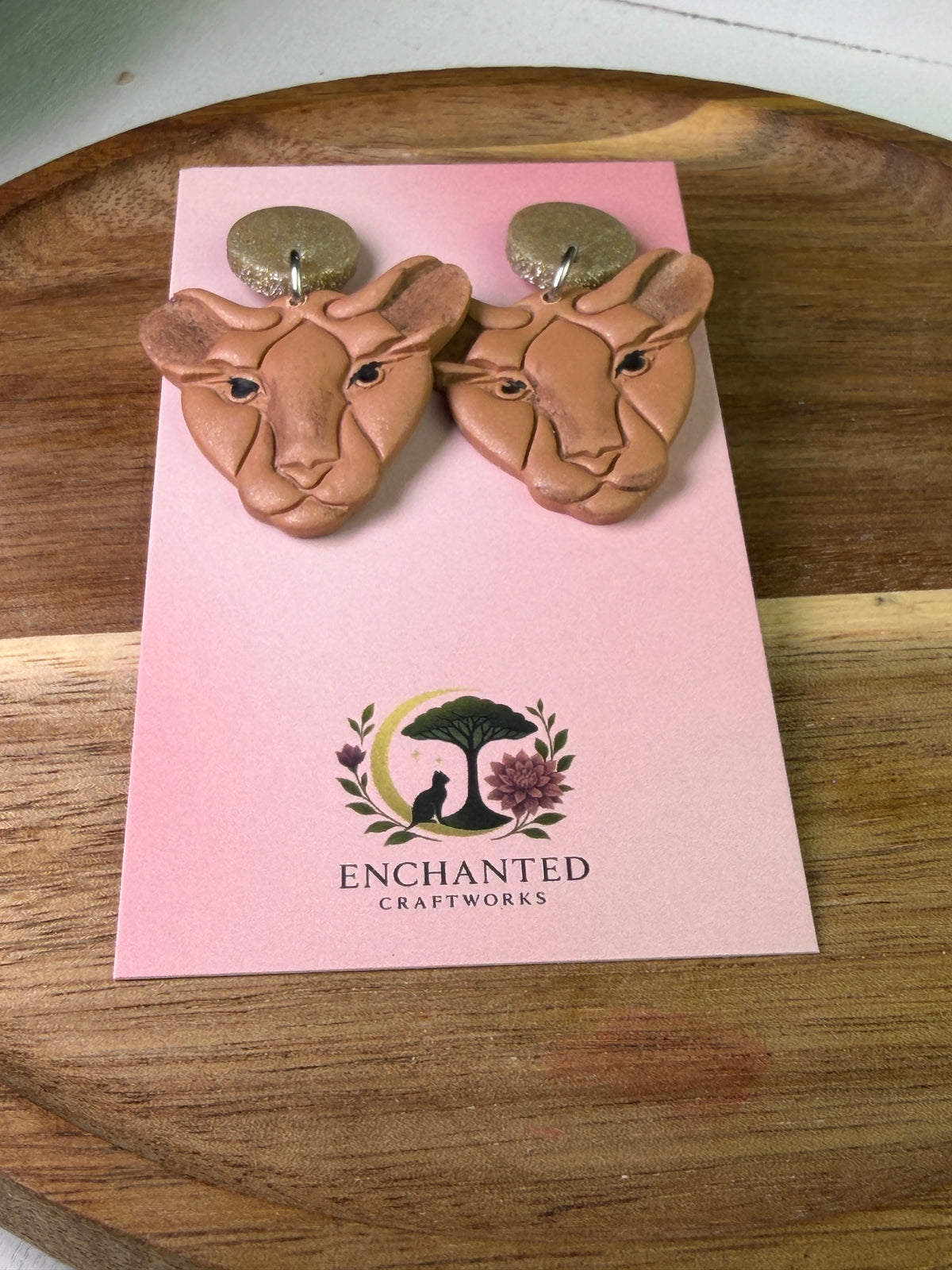 Golden Lioness Dangle Polymer Clay Earrings