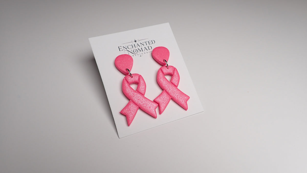 Breast Cancer Awareness Earrings, Pink Ribbon Polymer Clay Earrings, Studs or Dangles
