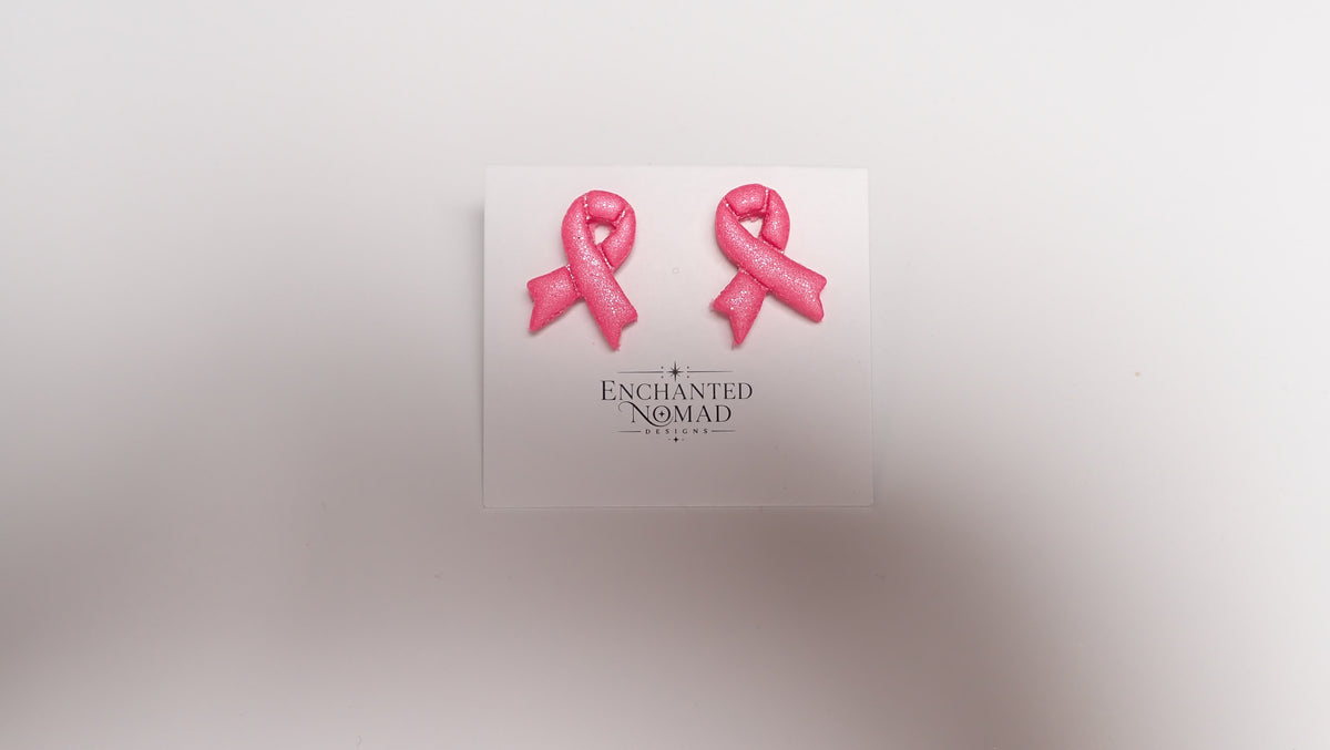 Breast Cancer Awareness Earrings, Pink Ribbon Polymer Clay Earrings, Studs or Dangles