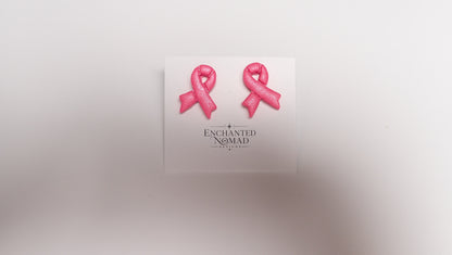Breast Cancer Awareness Earrings, Pink Ribbon Polymer Clay Earrings, Studs or Dangles