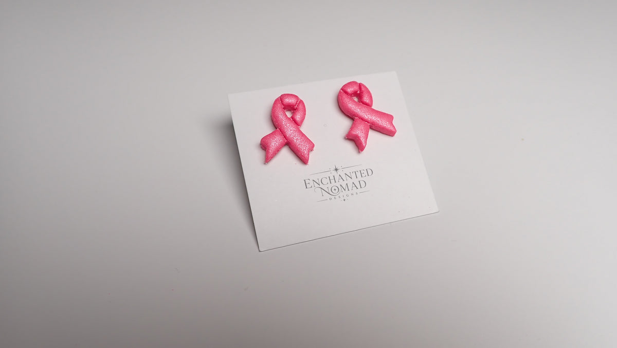 Breast Cancer Awareness Earrings, Pink Ribbon Polymer Clay Earrings, Studs or Dangles
