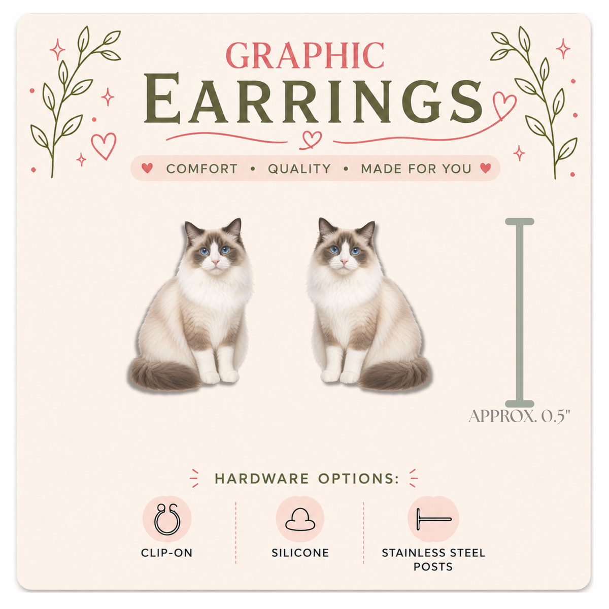 Seal Bicolor Ragdoll Cat Graphic Earrings/ Lapel Pin