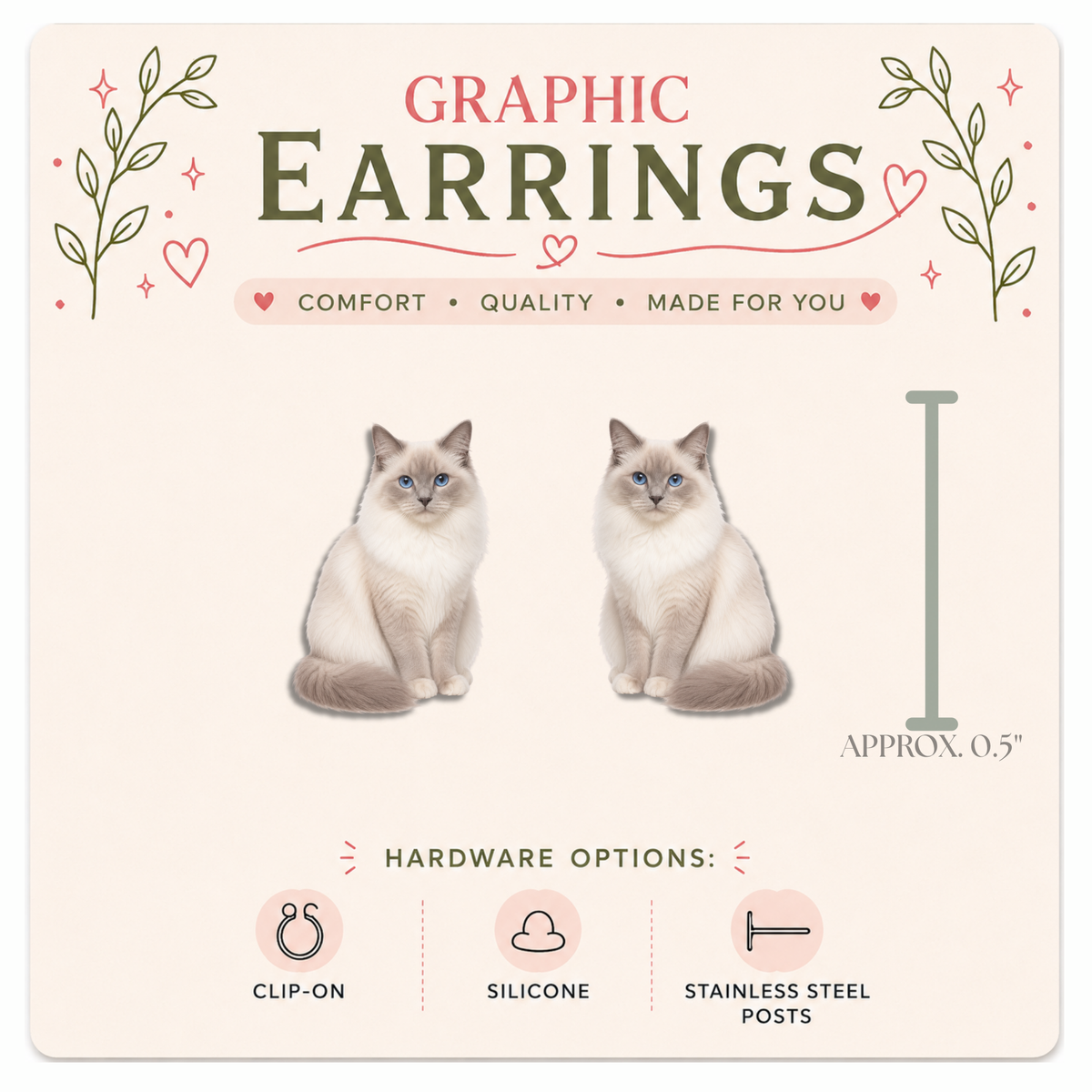 Seal Bicolor Ragdoll Cat Graphic Earrings/ Lapel Pin