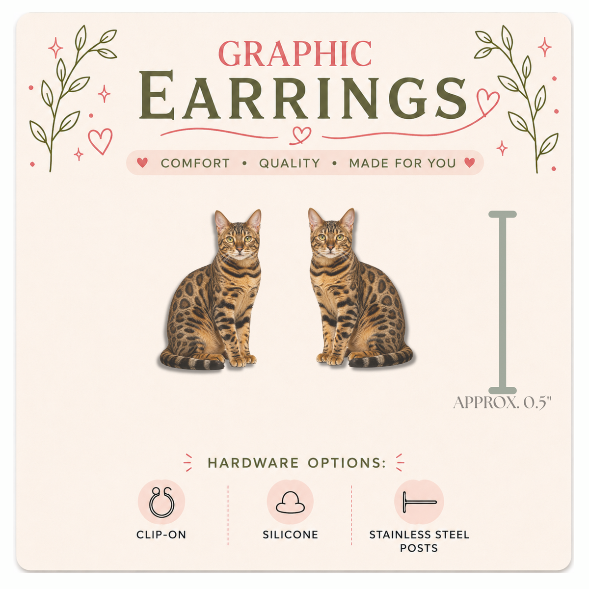 Snow Bengal Cat Graphic Earrings/ Lapel Pin