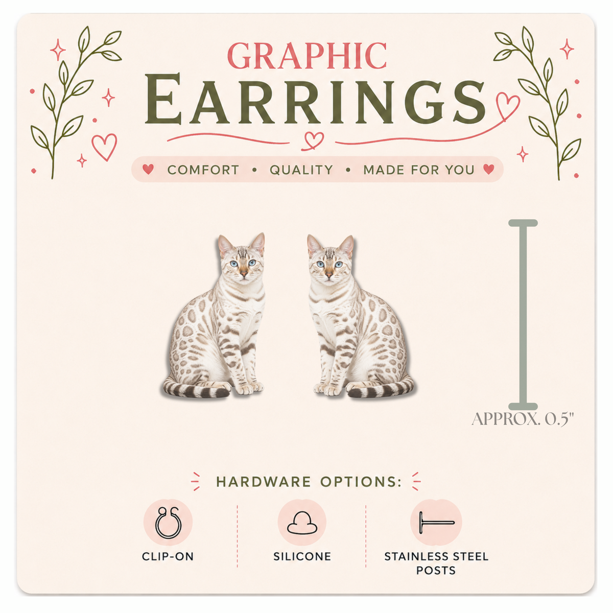 Snow Bengal Cat Graphic Earrings/ Lapel Pin