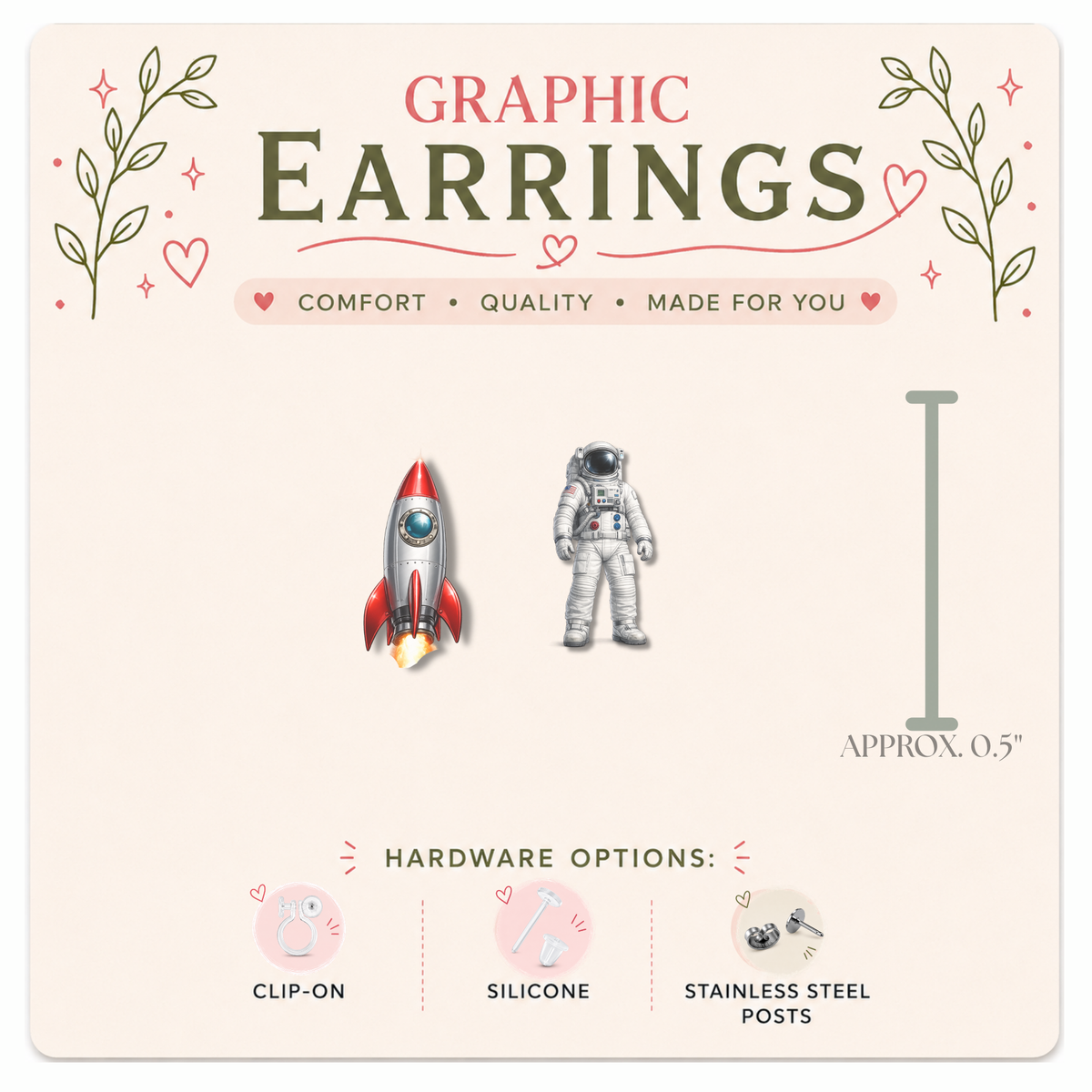 Astronaut & Rocket Mix & Match Graphic Earrings/ Lapel Pin