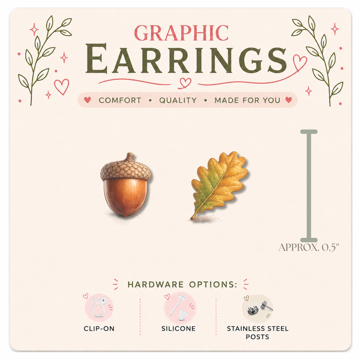 Acorn & Oak Leaf Mix & Match Graphic Earrings/ Lapel Pin