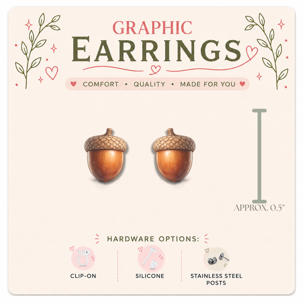 Acorn & Oak Leaf Mix & Match Graphic Earrings/ Lapel Pin