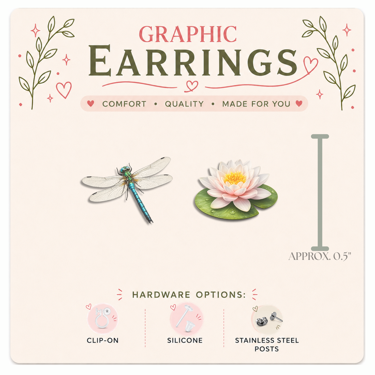 Dragonfly & Water Lily Graphic Earrings/ Lapel Pin