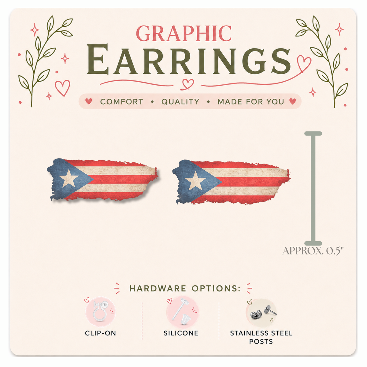 Puerto Rico Island Graphic Earrings/ Lapel Pin