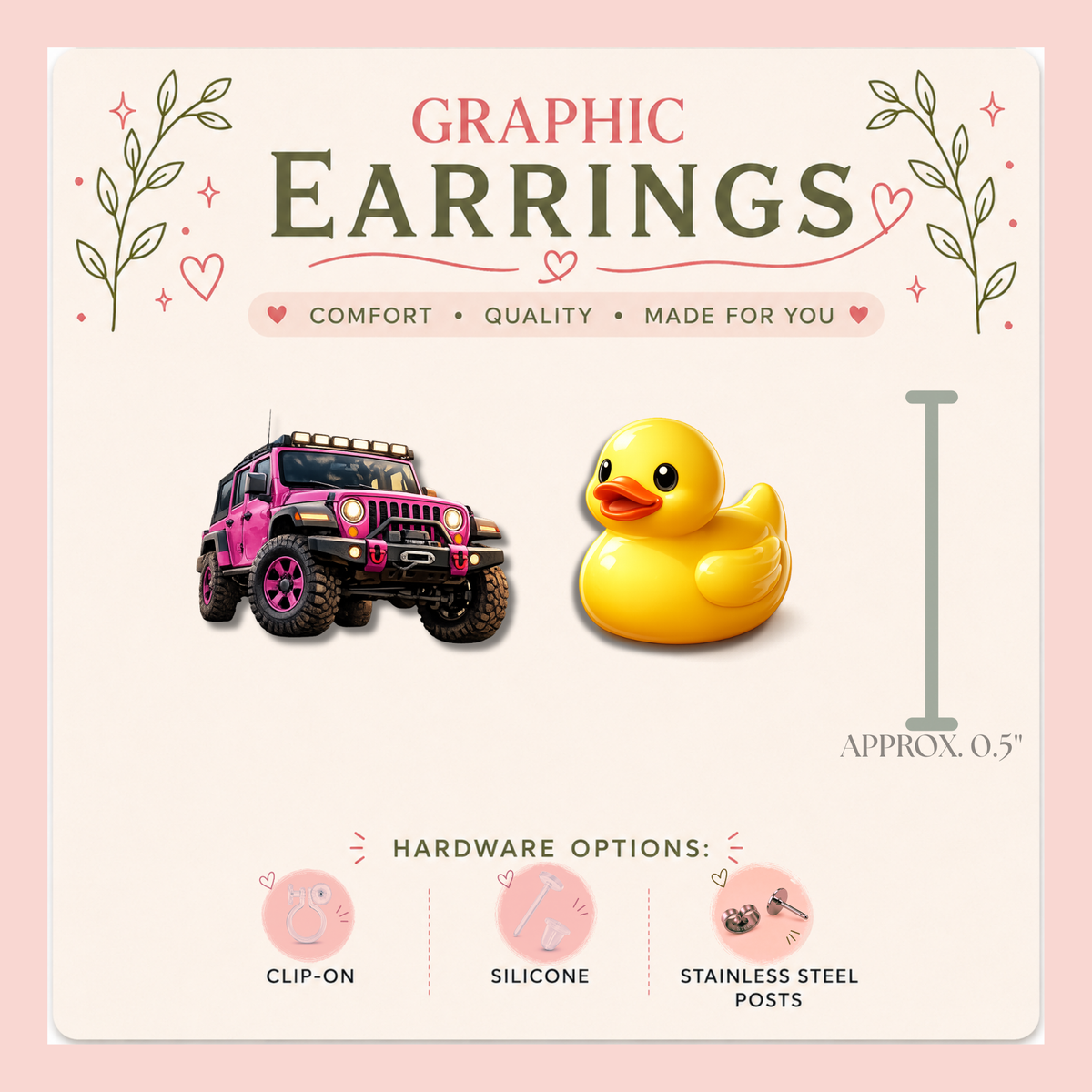 Pink Jeep & Rubber Duck Graphic Earrings/ Lapel Pin