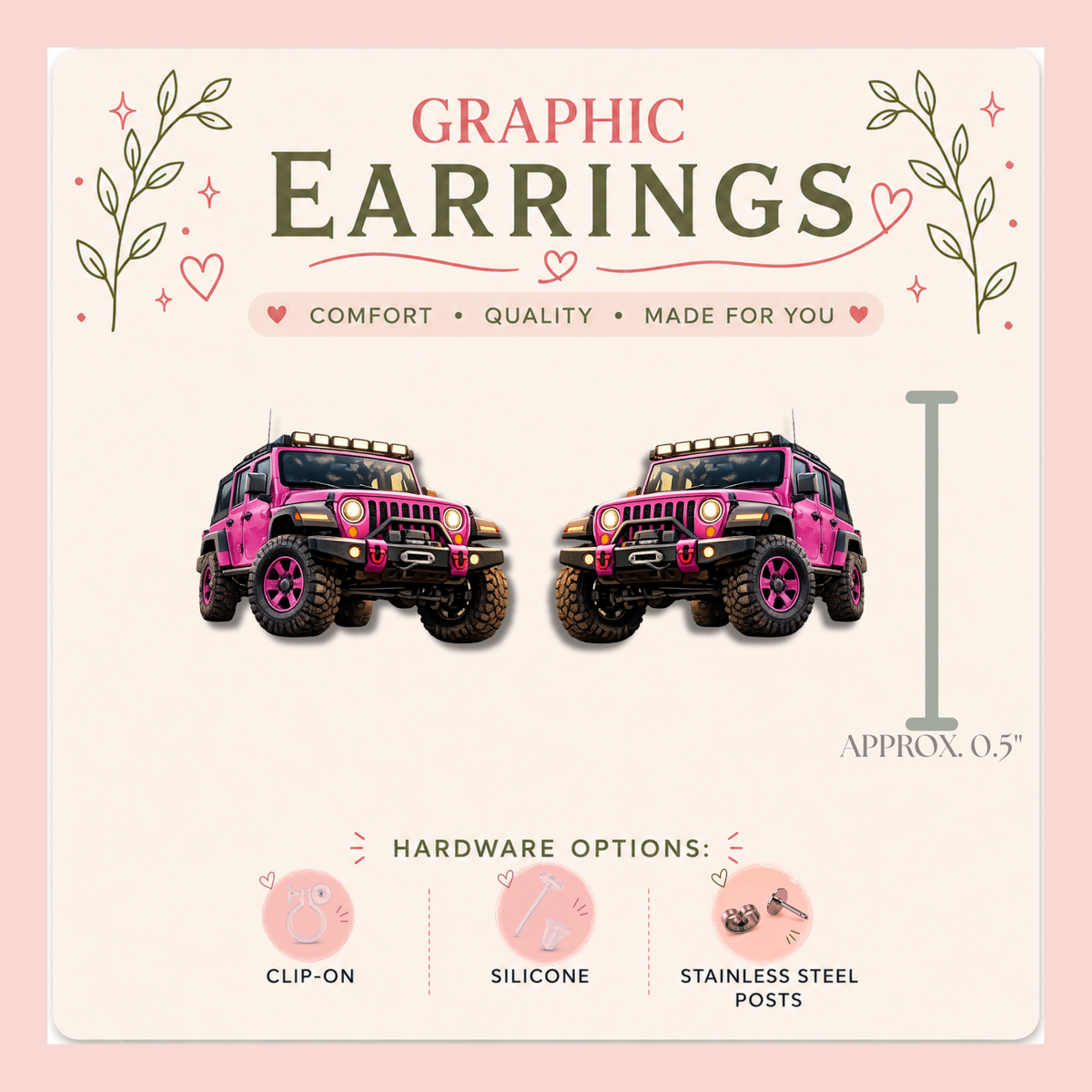 Pink Jeep & Rubber Duck Graphic Earrings/ Lapel Pin